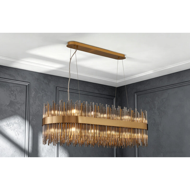 Idolite Ohird Large 100cm X 35cm Brass And Smoke Oblong 24 Light Linear Glass Pendant Light
