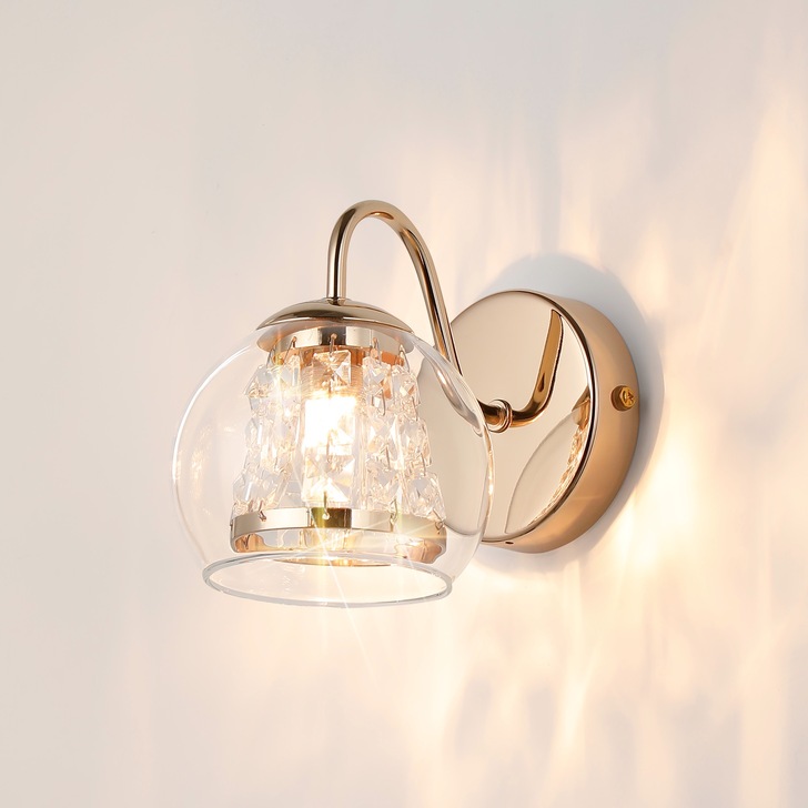 Idolite Patterson 1 Light French Gold Finish Single Wall Light Complete With Clear Glass and Crystal Decoration - IP44