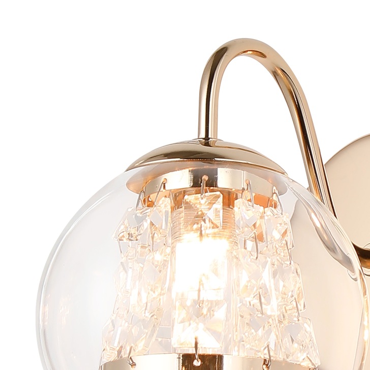 Idolite Patterson 1 Light French Gold Finish Single Wall Light Complete With Clear Glass and Crystal Decoration - IP44