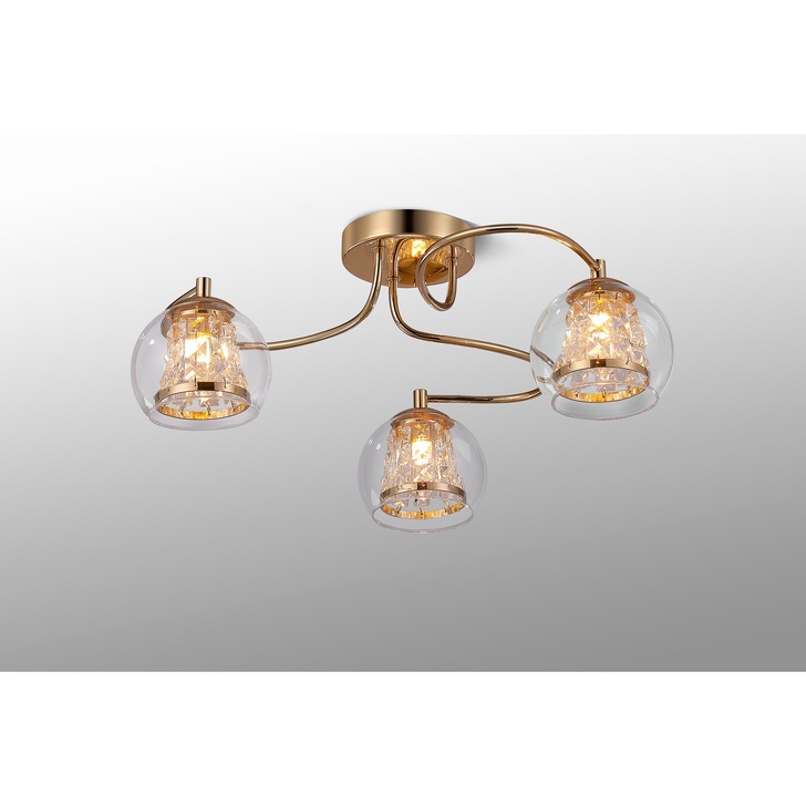 Idolite Patterson 3 Light French Gold Finish Flush Bathroom Light Complete With Clear Glasses and Crystal Decoration - IP44