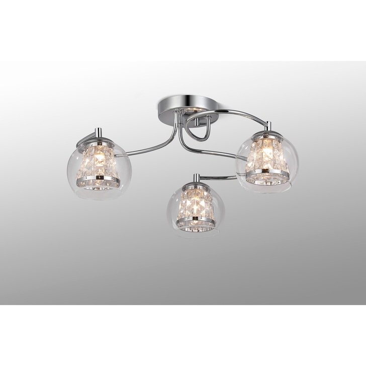 Idolite Patterson 3 Light Polished Chrome Flush Bathroom Light Complete With Clear Glasses and Crystal Decoration - IP44