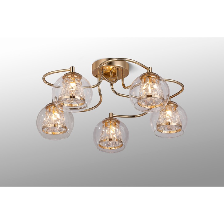 Idolite Patterson 5 Light French Gold Finish Flush Bathroom Light Complete With Clear Glasses and Crystal Decoration - IP44