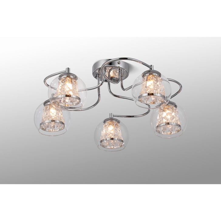 Idolite Patterson 5 Light Polished Chrome Flush Bathroom Light Complete With Clear Glasses and Crystal Decoration - IP44