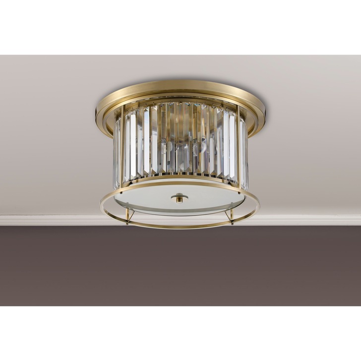 Idolite Petra 4 Light Round Flush Ceiling Light Antique Brass With Clear Crystal