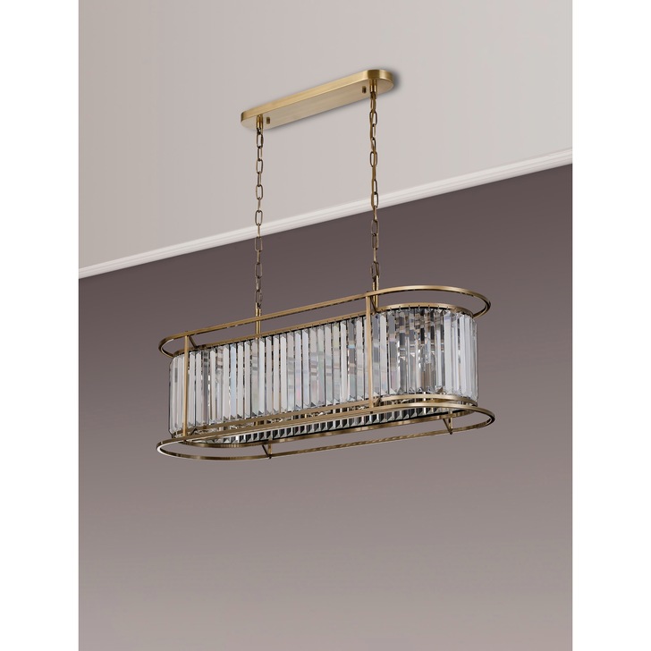 Idolite Petra 7 Light Oval Linear Bar Pendant/Semi-Flush Ceiling Light Antique Brass With Clear Crystal