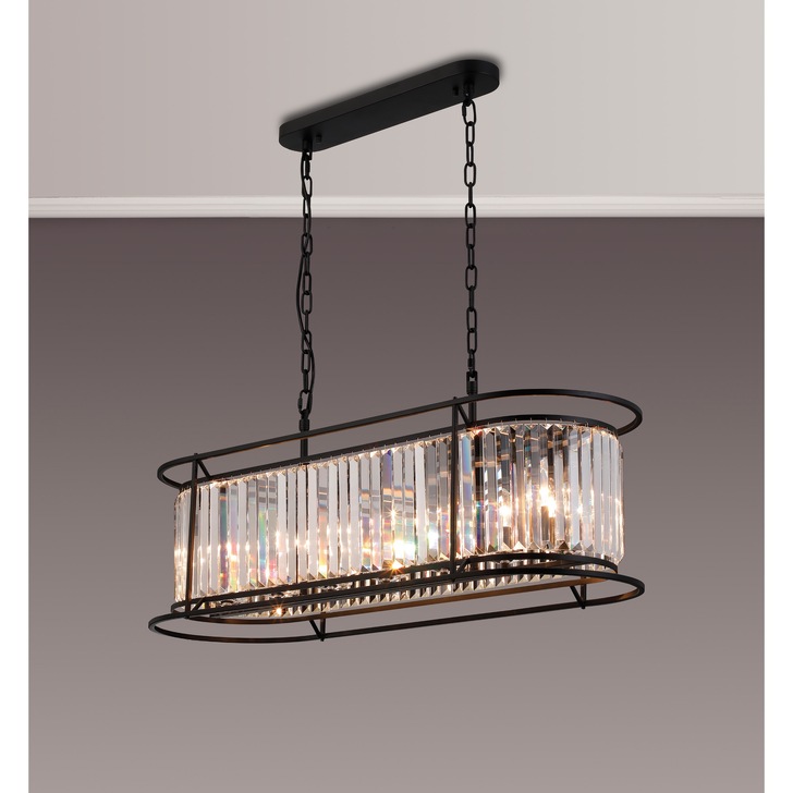 Idolite Petra 7 Light Oval Linear Bar Pendant/Semi-Flush Ceiling Light Satin Black With Clear Crystal