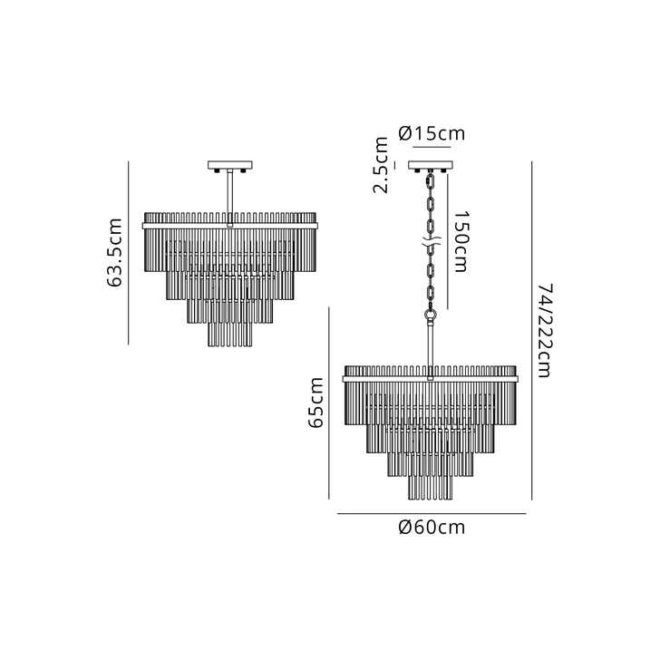 Idolite Ronan 60cm Pendant/Semi Ceiling 10 Light E14, Brown Oxide/Clear Glass Rods