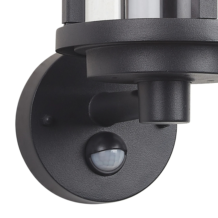 Idolite Sannee Cylinder PIR Wall Lamp 1 Light IP44 Matt Black/Clear