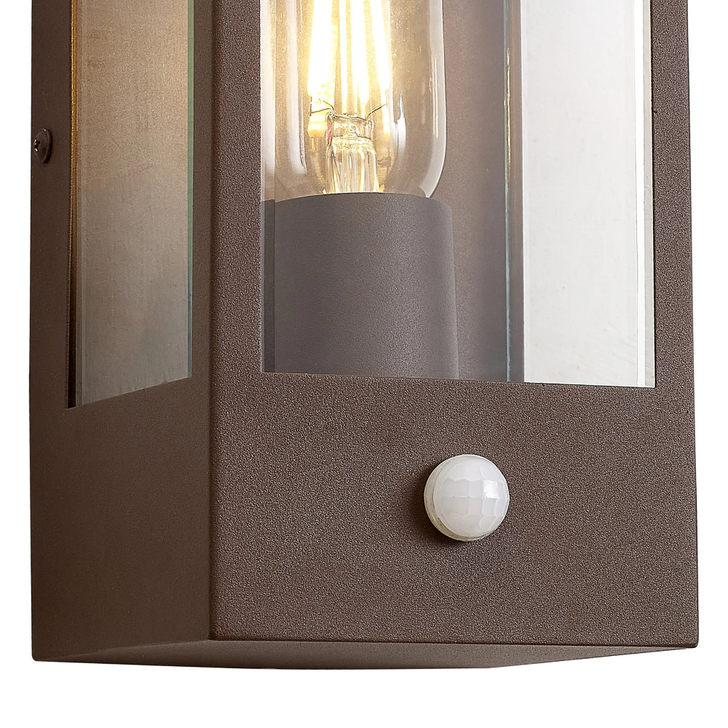 Idolite Sannee Rectangular PIR Wall Lamp 1 Light IP44 Dark Brown/Clear