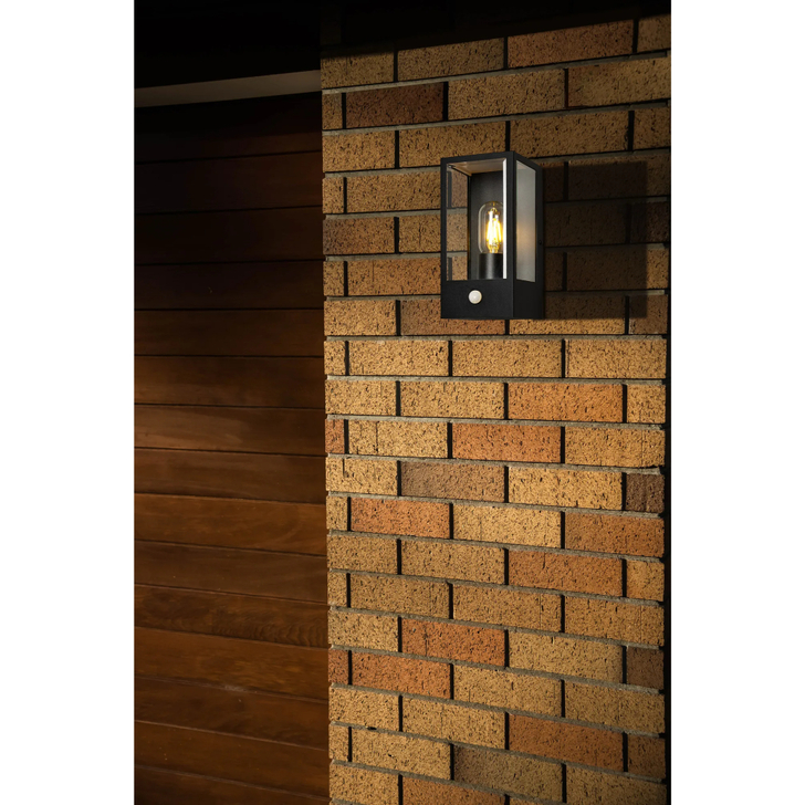 Idolite Sannee Rectangular PIR Wall Lamp 1 Light IP44 Matt Black/Clear