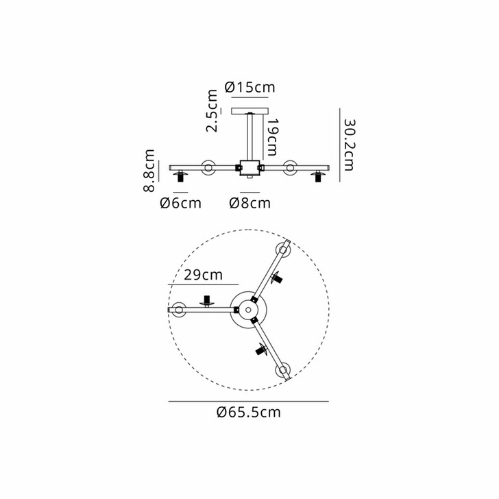 Idolite Calix Satin Nickel 71.5cm Semi-Flush 3 Arm 6 Light Complete With Smoke Plated Glass Globe Shades