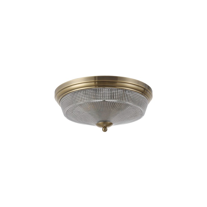 Idolite Sheridan Antique Brass 2 Light Flush Ceiling Light Complete With Prismatic Glass Shade