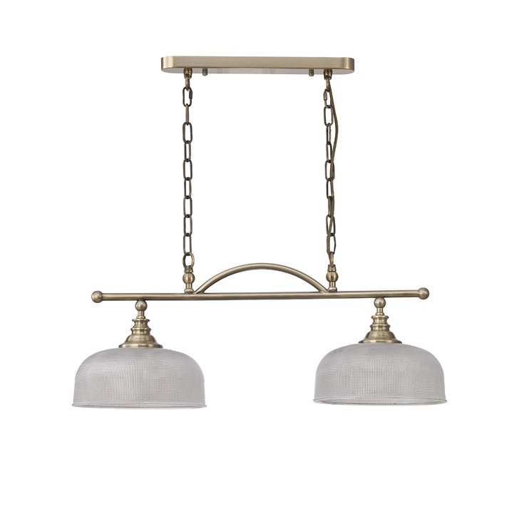 Idolite Sheridan Antique Brass 2 Light Linear Bar Pendant Complete With Prismatic Glass Shades