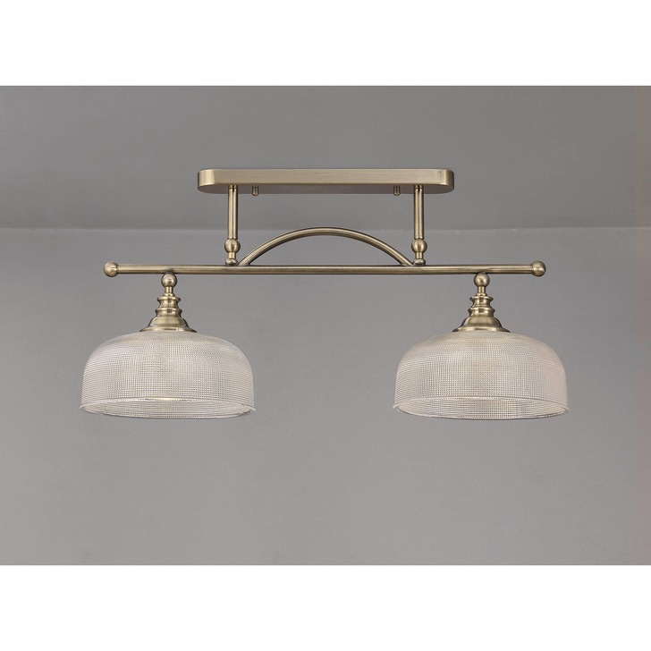 Idolite Sheridan Antique Brass 2 Light Linear Bar Pendant Complete With Prismatic Glass Shades