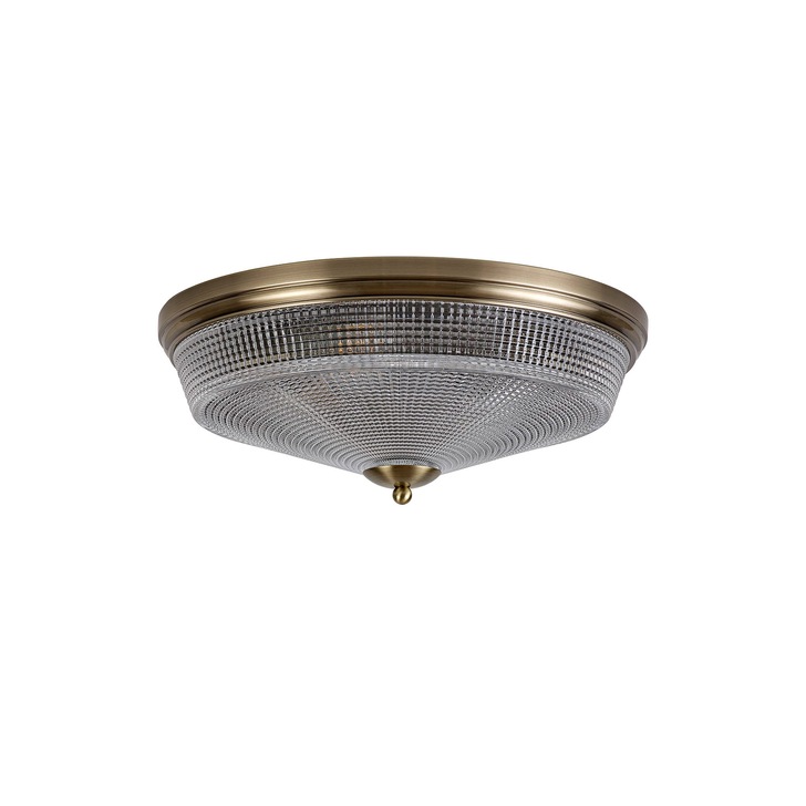 Idolite Sheridan Antique Brass 3 Light Flush Ceiling Light Complete With Prismatic Glass Shade