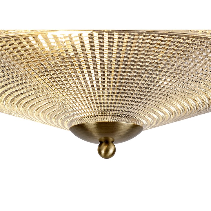 Idolite Sheridan Antique Brass 3 Light Flush Ceiling Light Complete With Prismatic Glass Shade