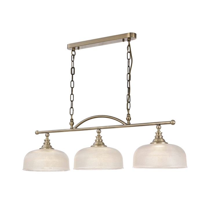 Idolite Sheridan Antique Brass 3 Light Linear Bar Pendant Complete With Prismatic Glass Shades