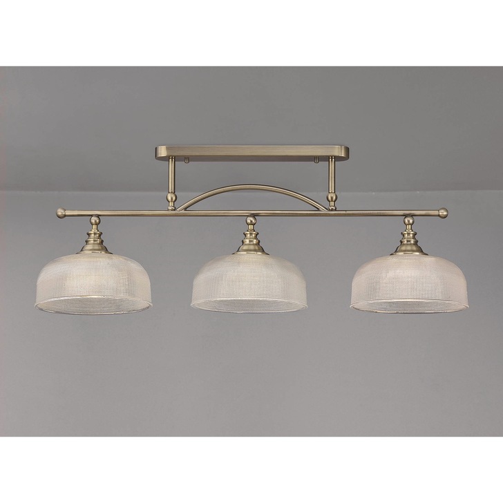 Idolite Sheridan Antique Brass 3 Light Linear Bar Pendant Complete With Prismatic Glass Shades