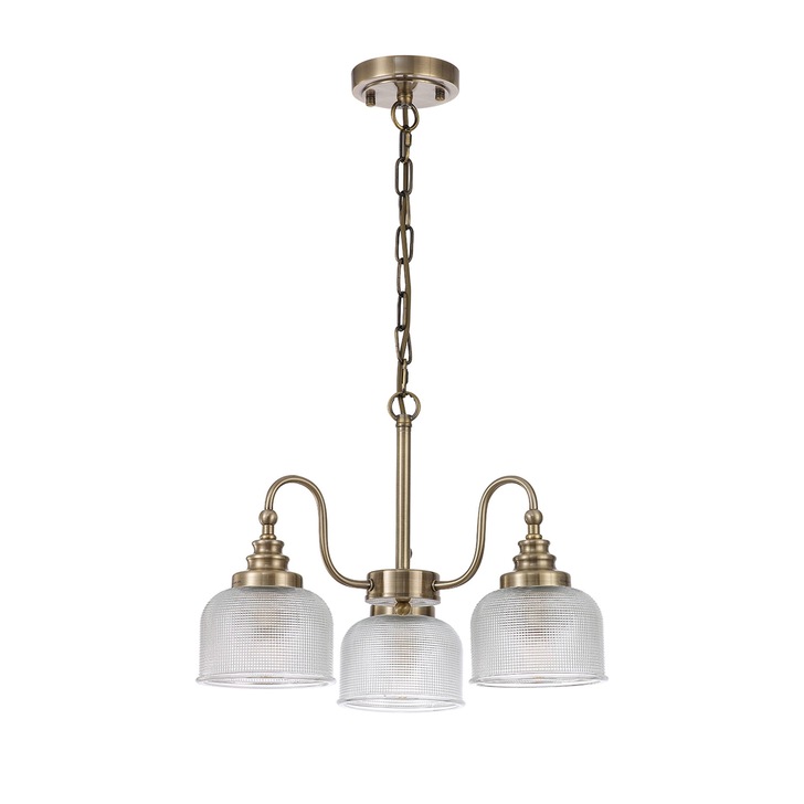 Idolite Sheridan Antique Brass 3 Light Pendant Complete With Prismatic Glass Shades