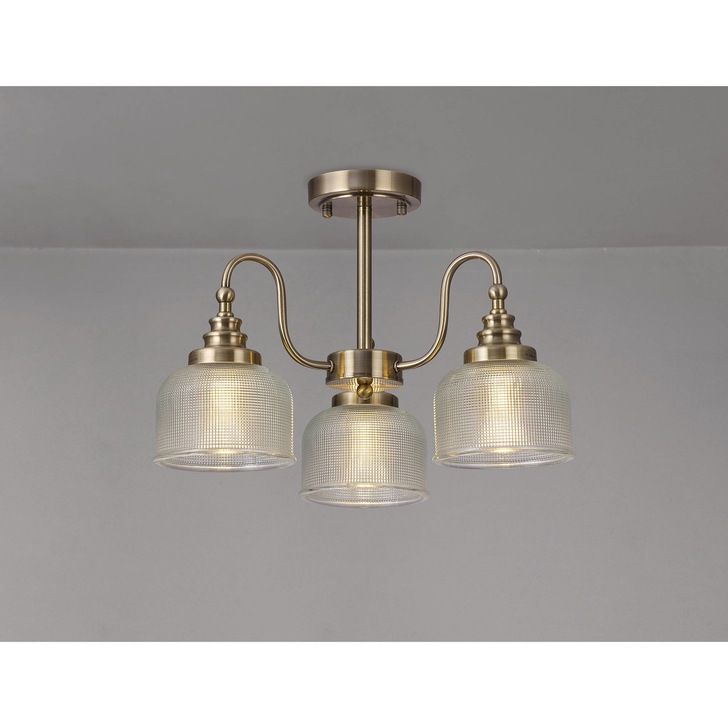 Idolite Sheridan Antique Brass 3 Light Pendant Complete With Prismatic Glass Shades