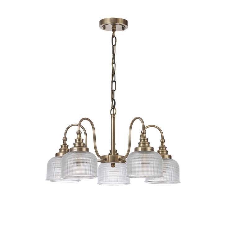 Idolite Sheridan Antique Brass 5 Light Pendant Complete With Prismatic Glass Shades