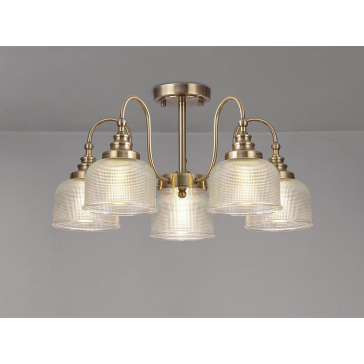 Idolite Sheridan Antique Brass 5 Light Pendant Complete With Prismatic Glass Shades