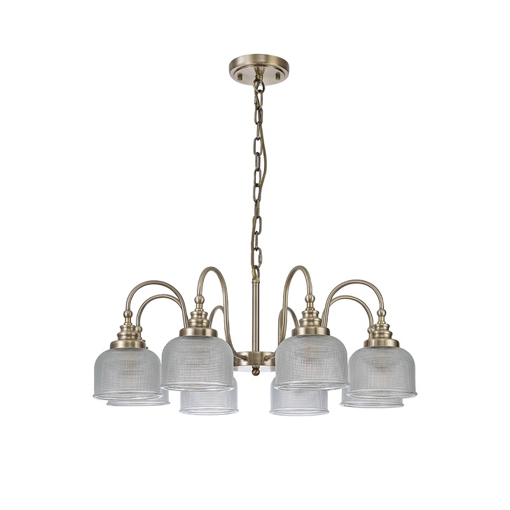 Idolite Sheridan Antique Brass 8 Light Pendant Complete With Prismatic Glass Shades