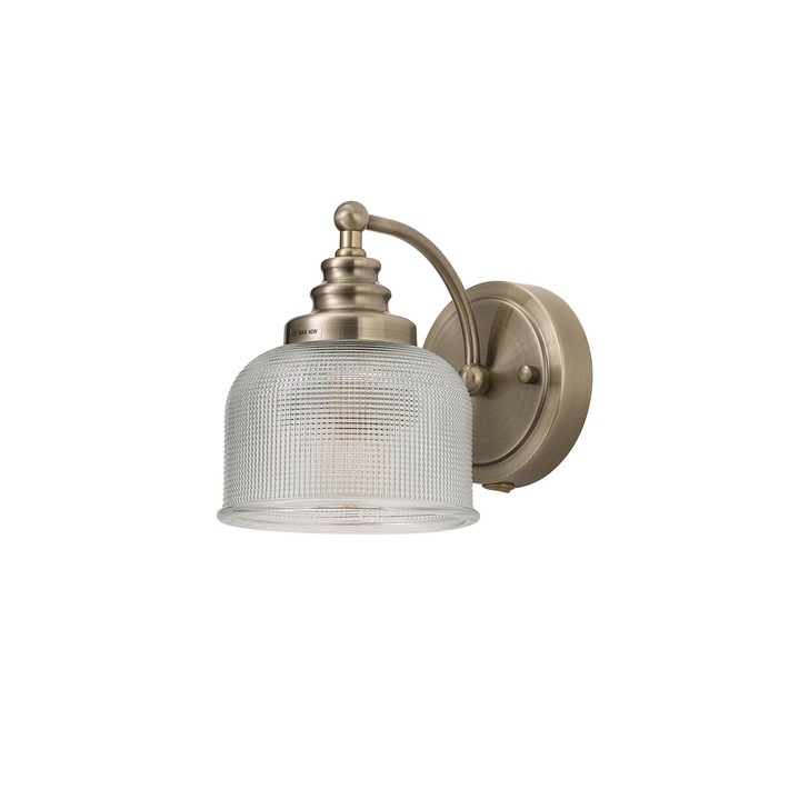 Idolite Sheridan Antique Brass Single Wall Light Complete With Prismatic Glass Shade