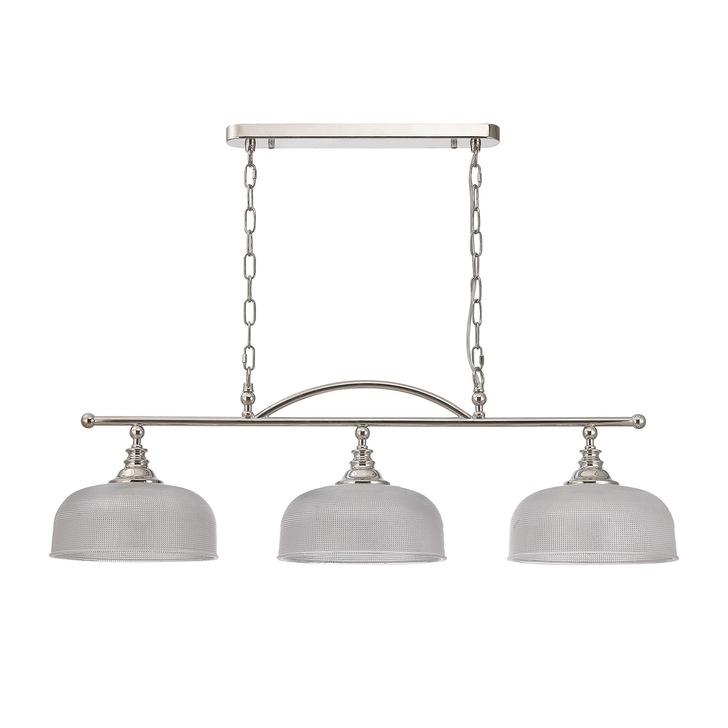 Idolite Sheridan Polished Nickel 3 Light Linear Bar Pendant Complete With Prismatic Glass Shades