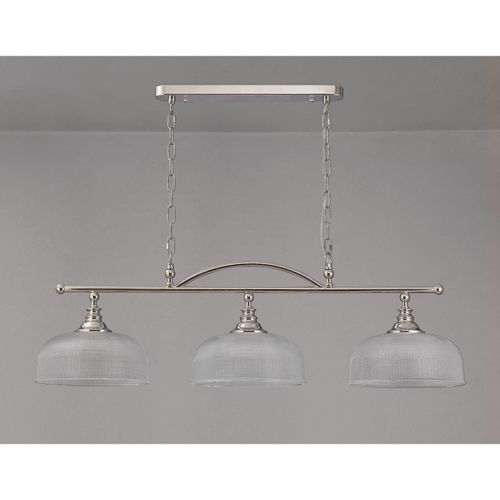 Idolite Sheridan Polished Nickel 3 Light Linear Bar Pendant Complete With Prismatic Glass Shades