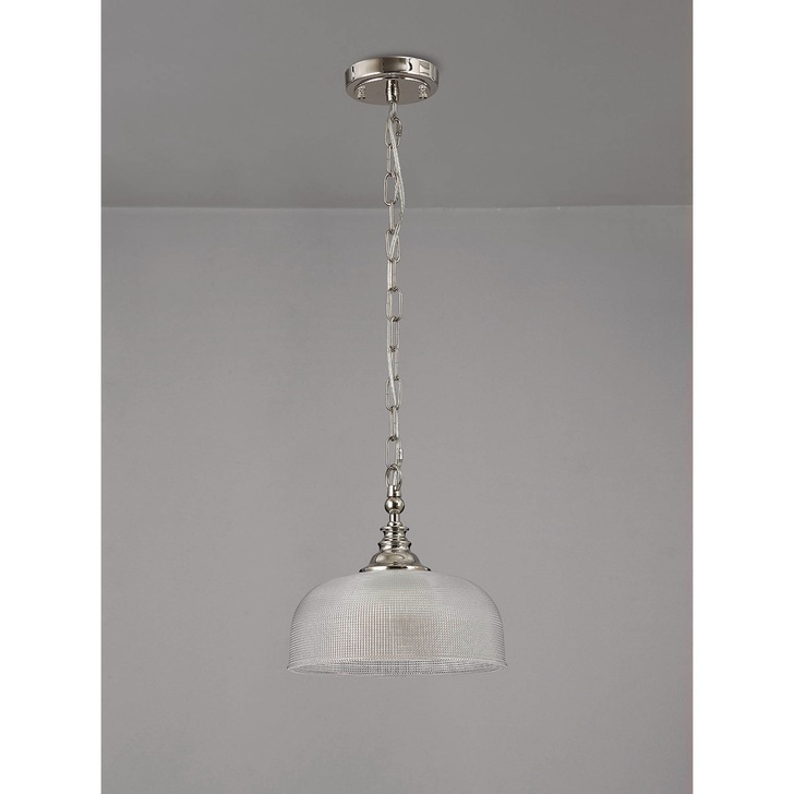 Idolite Sheridan Polished Nickel Single Pendant Light Complete With Prismatic Glass Shade