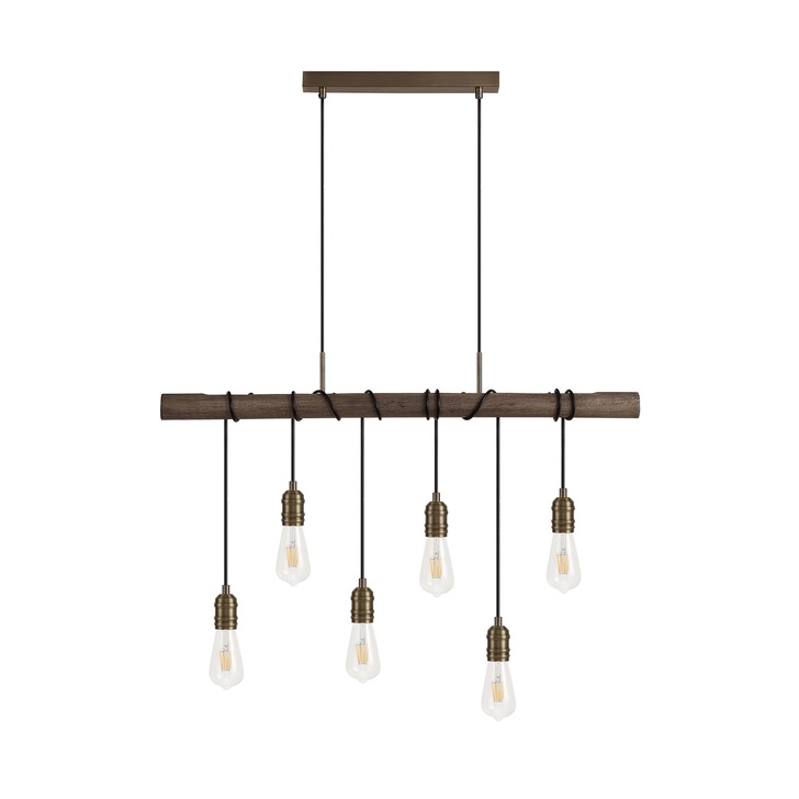 Idolite Skylar Medium Oak 6 Light Linear Pendant C/W Antique Brass Lamp Holders