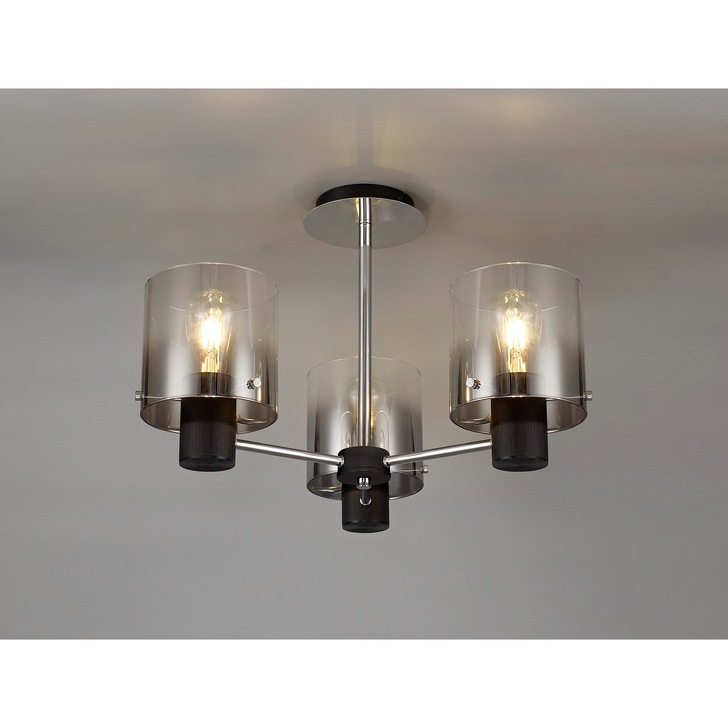 Idolite Snowdon Black Finish 3 Light Semi Flush Ceiling Light C/W Smoked/Clear Ombre Glasses