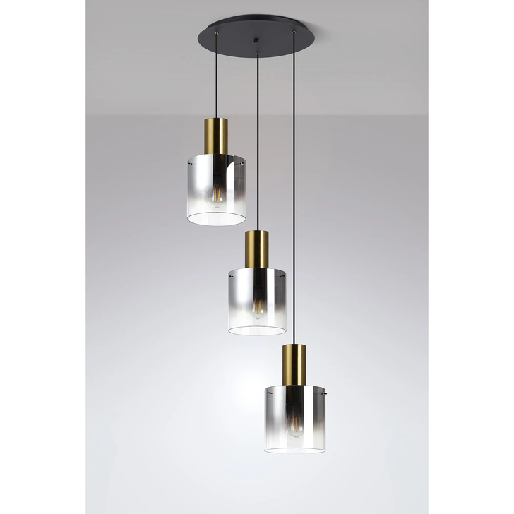 Idolite Snowdon Brass And Black 3 Light Cluster Pendant Light Complete With Smoke Fade Glasses