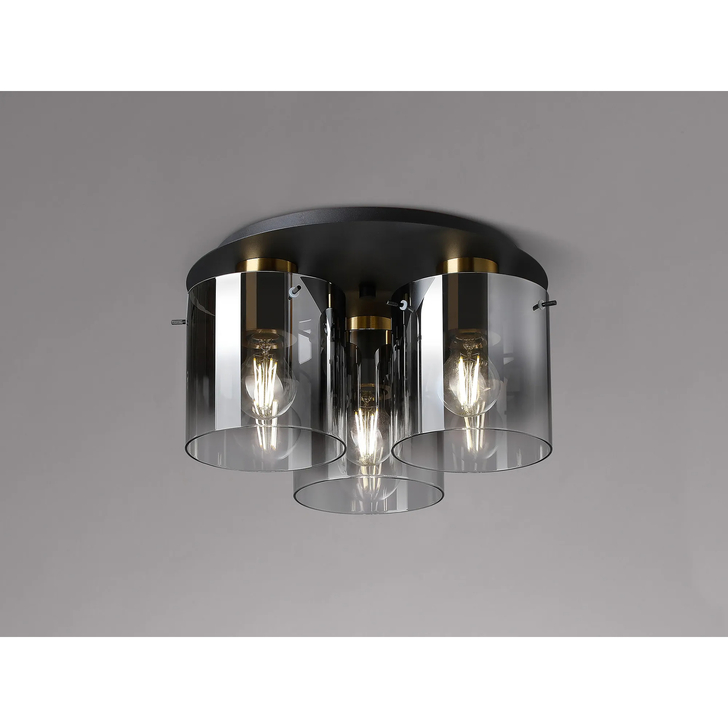 Idolite Snowdon Brass And Black 3 Light Flush Ceiling Light Complete With Smoke Fade Glasses