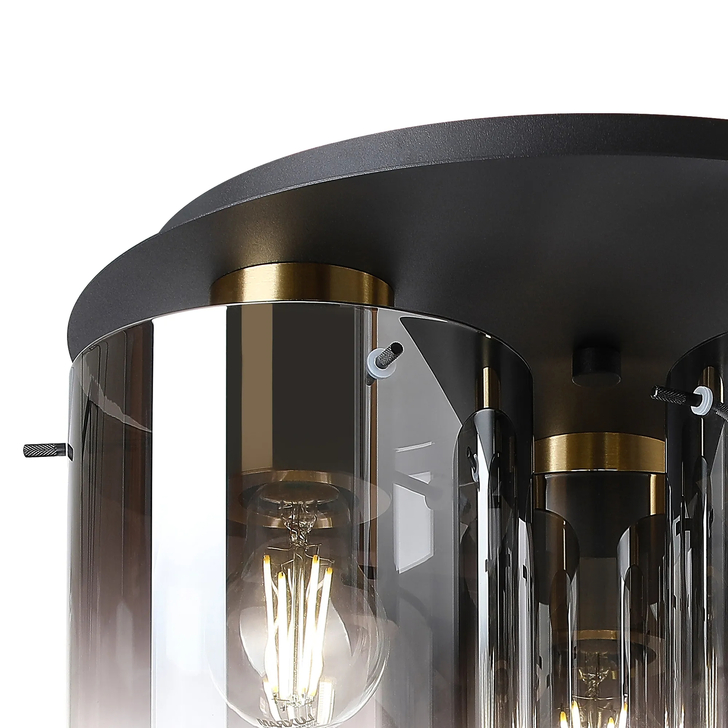 Idolite Snowdon Brass And Black 3 Light Flush Ceiling Light Complete With Smoke Fade Glasses