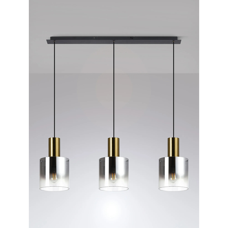 Idolite Snowdon Brass And Black 3 Light Linear Island Pendant Light Complete With Smoke Fade Glasses