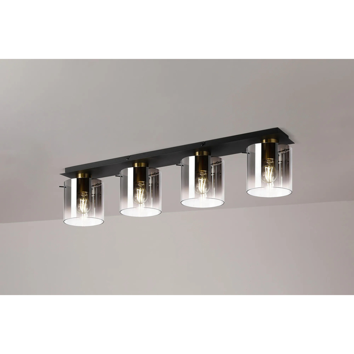 Idolite Snowdon Brass And Black 4 Light Linear Flush Ceiling Light Complete With Smoke Fade Glasses