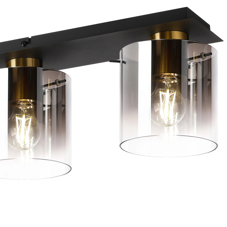 Idolite Snowdon Brass And Black 4 Light Linear Flush Ceiling Light Complete With Smoke Fade Glasses