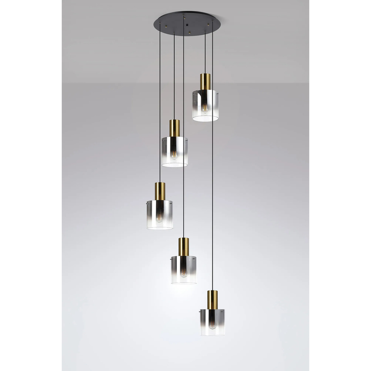 Idolite Snowdon Brass And Black 5 Light Cluster Pendant Light Complete With Smoke Fade Glasses