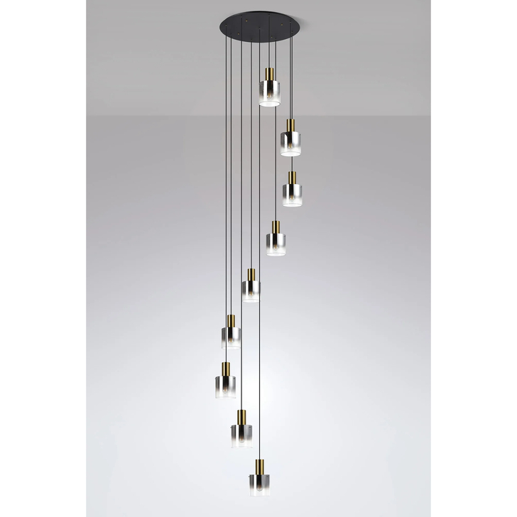 Idolite Snowdon Brass And Black 9 Light Cluster Pendant Light Complete With Smoke Fade Glasses