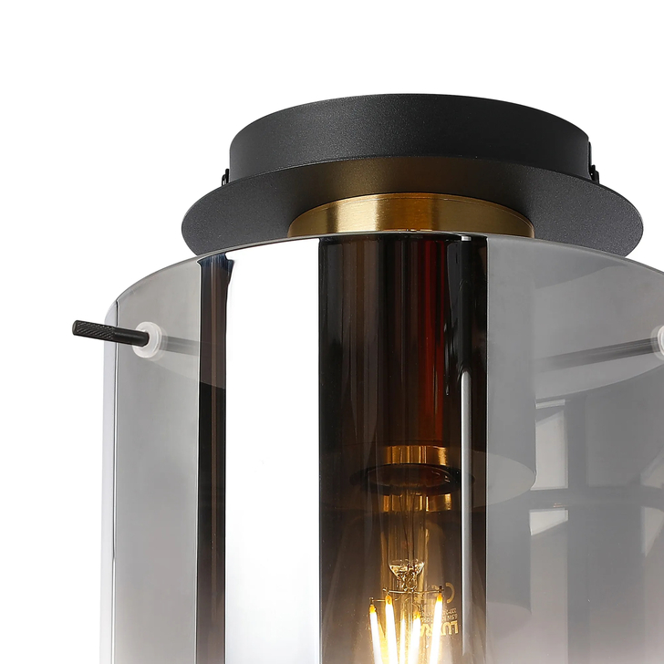 Idolite Snowdon Brass And Black Flush Ceiling Light Complete With Smoke Fade Glass