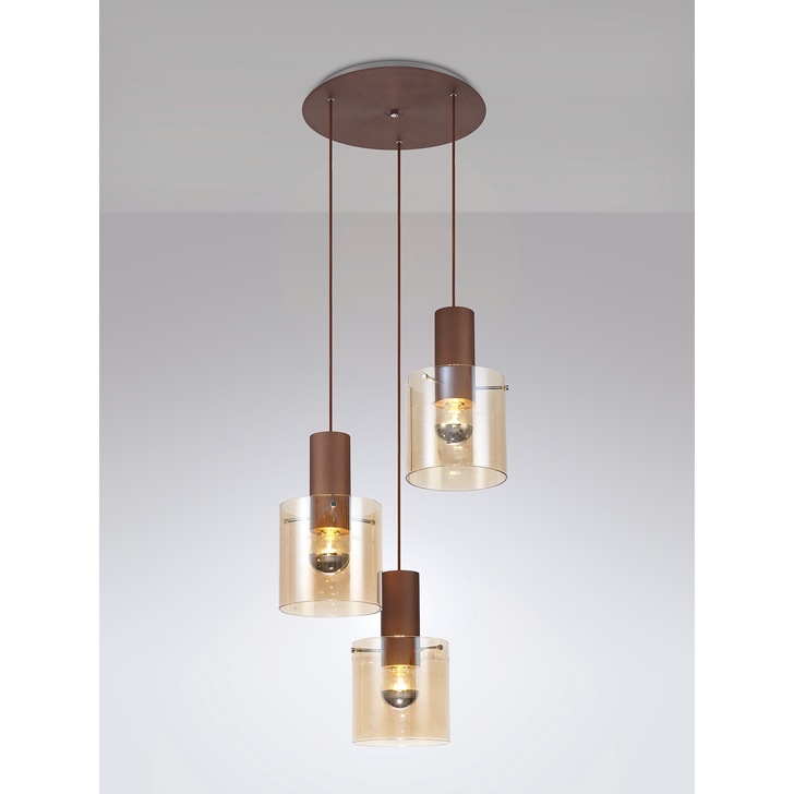 Idolite Snowdon Mocha Finish 3 Light Pendant C/W Amber Glasses