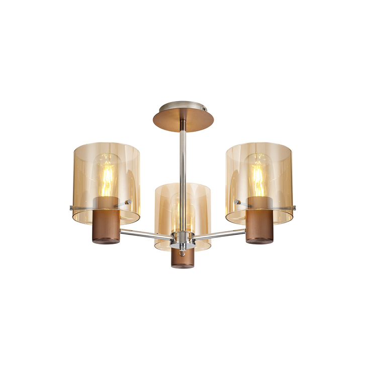 Idolite Snowdon Mocha Finish 3 Light Semi Flush Ceiling Light C/W Amber Glasses