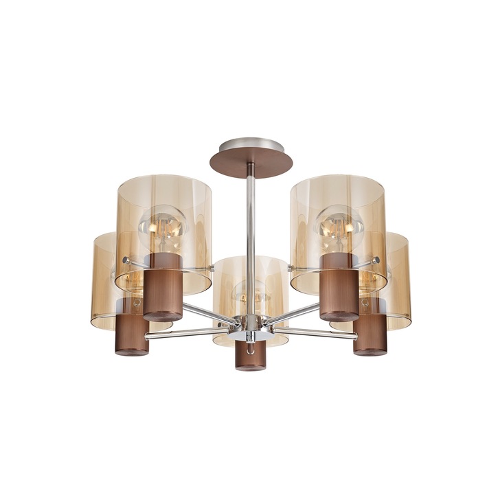 Idolite Snowdon Mocha Finish 5 Light Semi Flush Ceiling Light C/W Amber Glasses