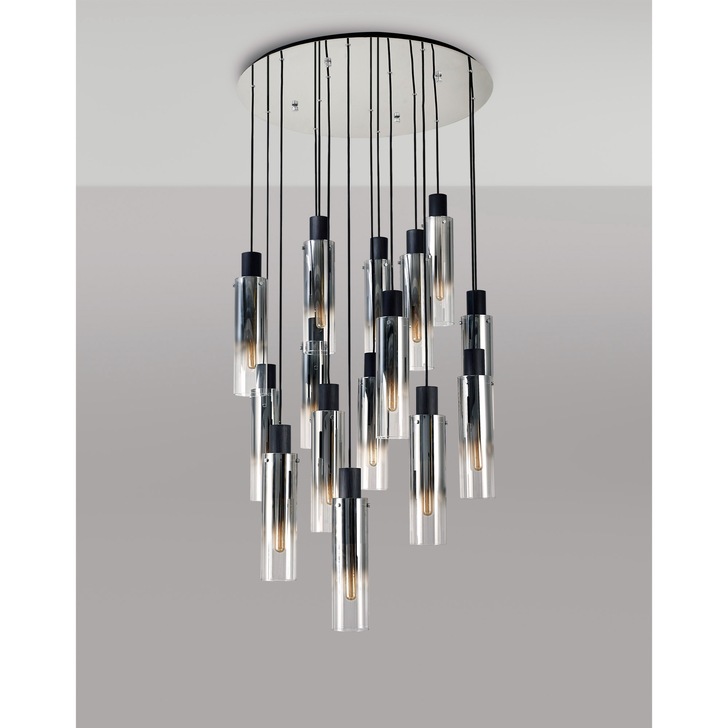 Idolite Snowdon Slim Black/Polished Chrome 15 Light Pendant With Smoked/Clear Ombre Glasses