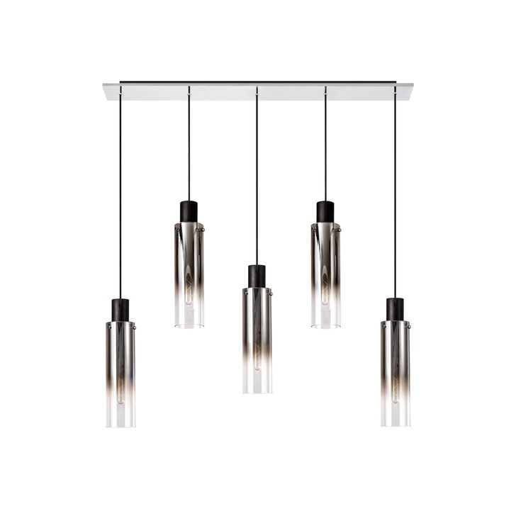 Idolite Snowdon Slim Black/Polished Chrome 5 Light Linear Bar Pendant With Smoked/Clear Ombre Glasses