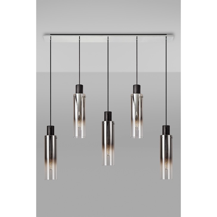 Idolite Snowdon Slim Black/Polished Chrome 5 Light Linear Bar Pendant With Smoked/Clear Ombre Glasses