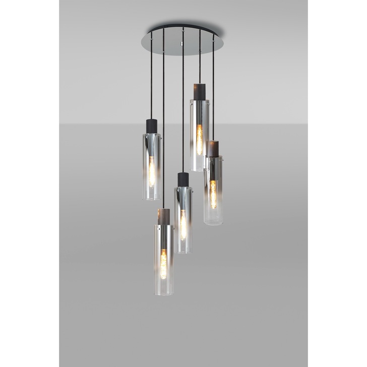 Idolite Snowdon Slim Black/Polished Chrome 5 Light Pendant With Smoked/Clear Ombre Glasses