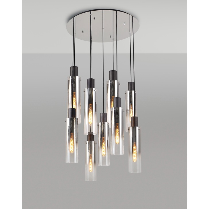 Idolite Snowdon Slim Black/Polished Chrome 9 Light Pendant With Smoked/Clear Ombre Glasses